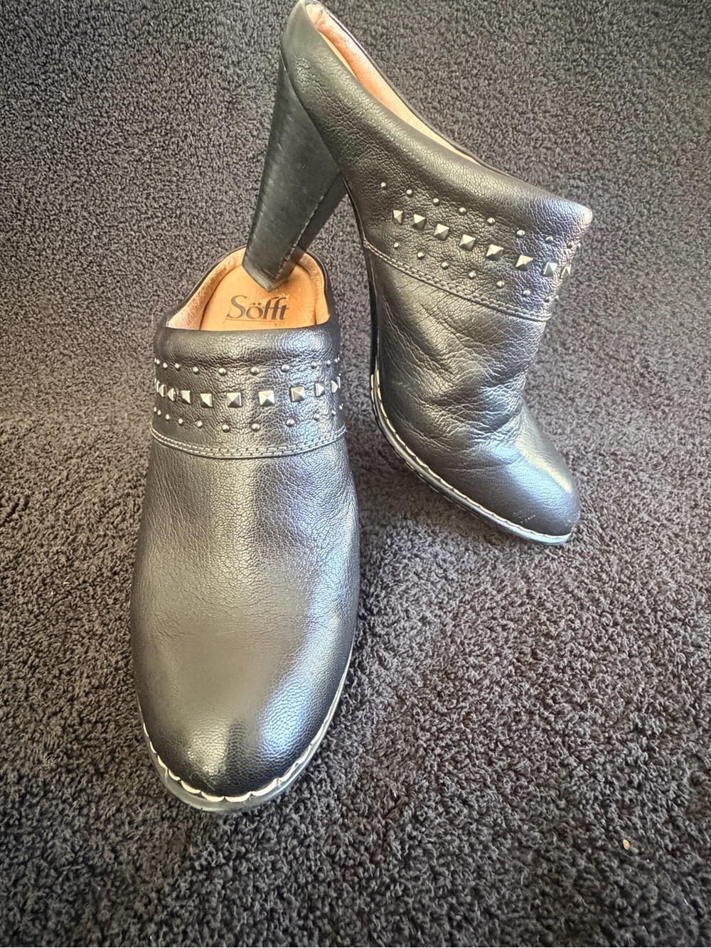 Sofft Black Leather Studded Slip-On Mule Heels